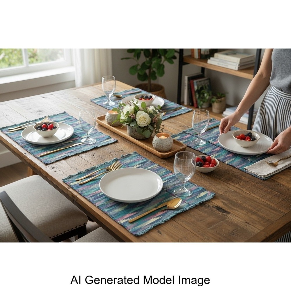 Park B Smith Mandalay Blue Ikat Hand Woven Cotton Fringed‎ Placemats Set of 6